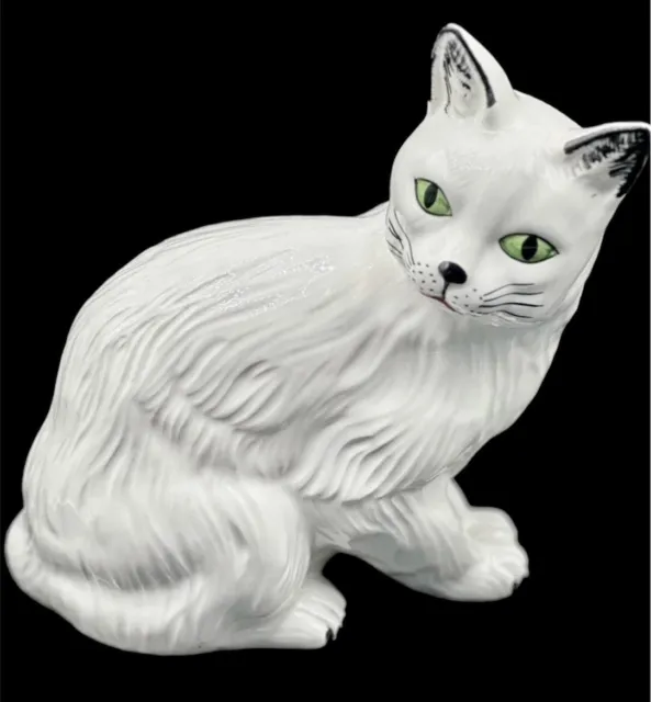 Vintage Glazed Italian Art Pottery White Persian Cat Sculpture Majolica Italy