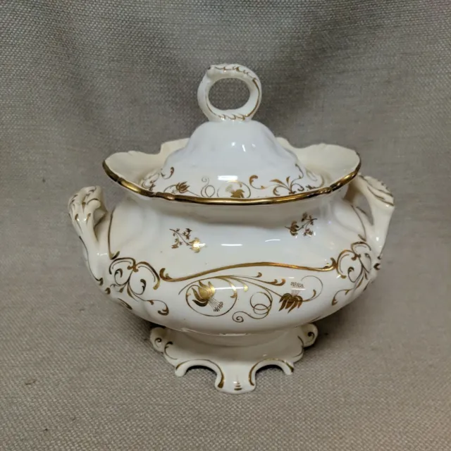 Vintage Ceramic Footed Bowl w/ Handles & Lid - Cream & Gold