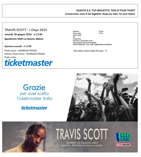 Biglietto Concerto Travis Scott Milano 30/06 Posto Unico