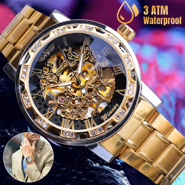 Luxury Men's Watch Automatic Mechanical Stainless Steel Gold Tone Skeleton Wrist