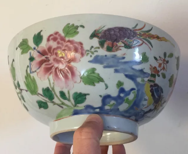 Antique 18th century Chinese Export Porcelain Punch Fruit Bowl Famille Rose Bird