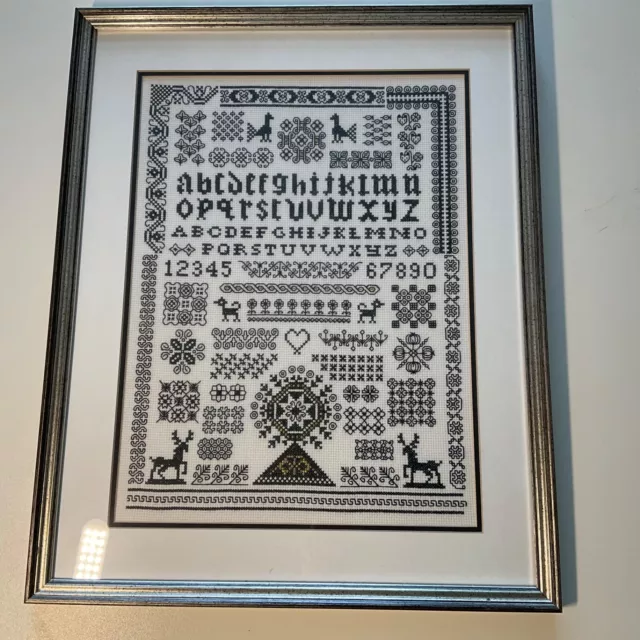 Framed Completed Tapestry Alphabet Black stitches 10.5" x 14.5" + frame