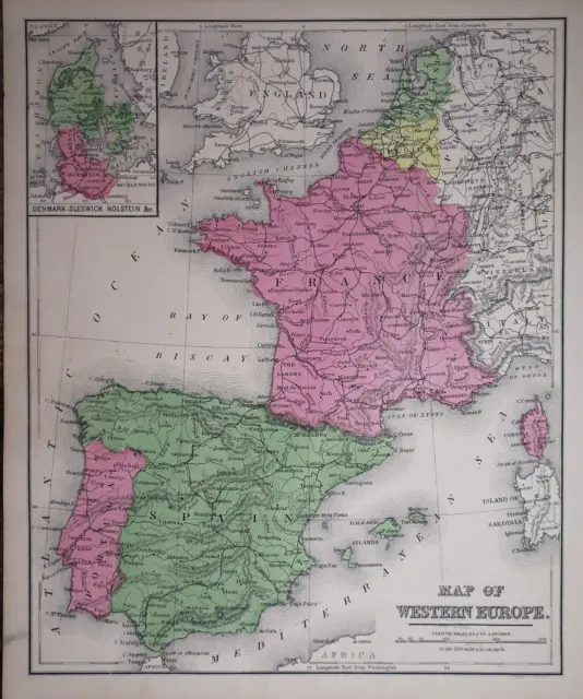 Old 1871 Cowperthwait Atlas Map ~ FRANCE, SPAIN, PORTUGAL (10x12) -#1088