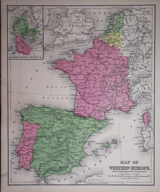 Old 1871 Cowperthwait Atlas Map ~ FRANCE, SPAIN, PORTUGAL (10x12) -#1088