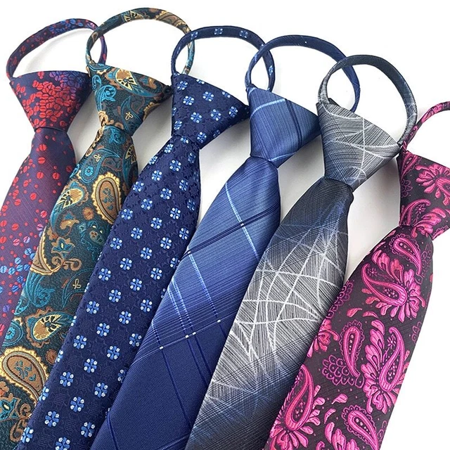 Mens Silk Tie 7CM Zipper Lazy Tie for Man Stripes Paisley Plaid Necktie Neck Tie
