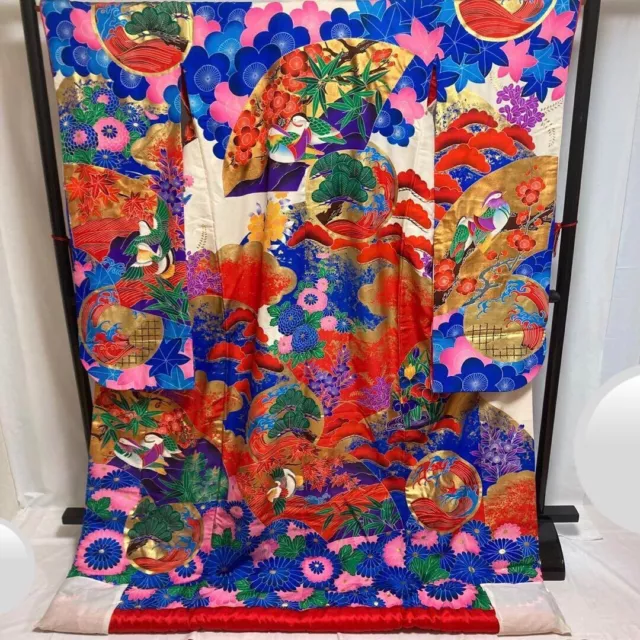 Kimono Iro uchikake blue red white pure silk embroidery bridal dress from japan
