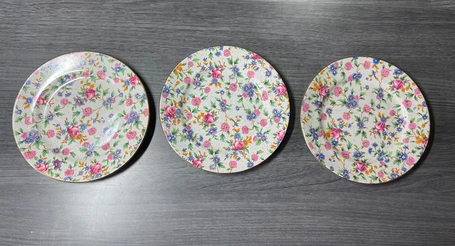 VTG 3 ROYAL WINTON GRIMWADES Old Cottage CHINTZ BREAD PLATES Floral Roses 6 3/8”