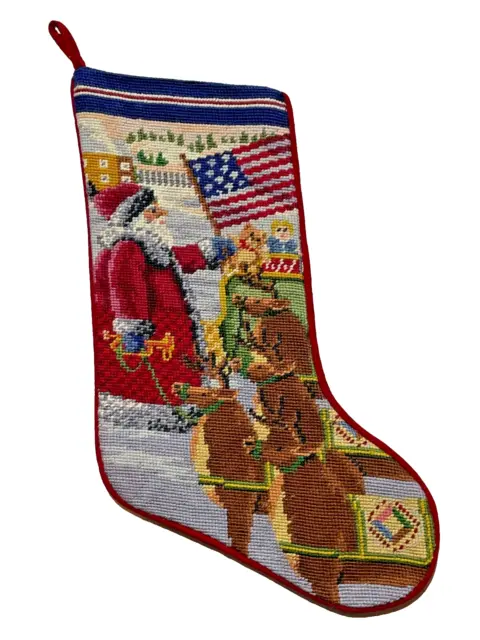NEW Handmade Wool Needlepoint Christmas Stocking Patriotic Santa American Flag