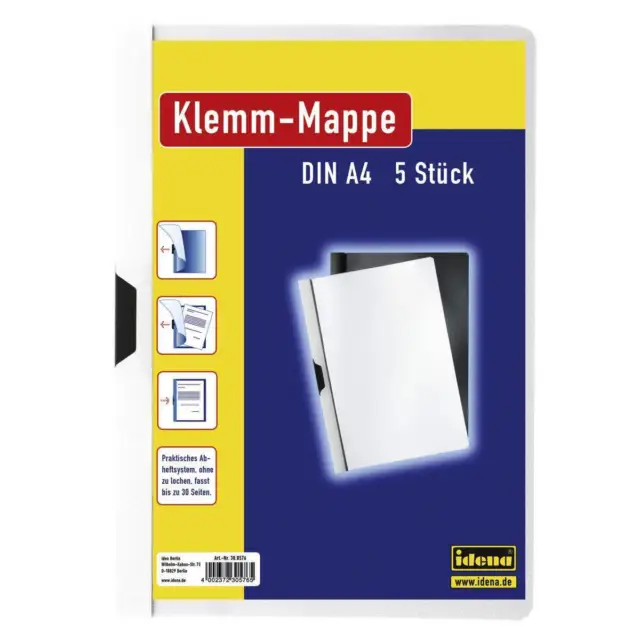 Idena Klemm-Mappen, DIN A4, 5 Stück, mit transparentem Deckel, weiß