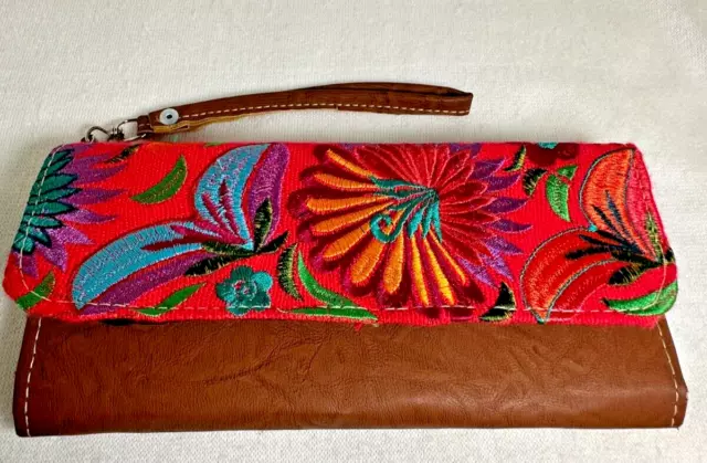 Colorful Embroidered Floral Tri-Fold Women's Wallet / Wristlet - NWOT - 4" X 9"