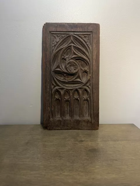 Gothic Carved Architectural Panel in Solid Oak Wood Salvage 14 x 7 3/8 Inches