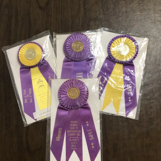 Lot 4 AKC Dog Ribbons Best Breed/Variety 1989-93 Cocker Spaniel Rosette Florida