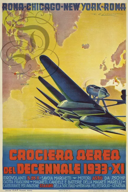 Repro Deco Affiche Crociera Aerea Roma Chicago New York Papier 190 Ou 310 Grs