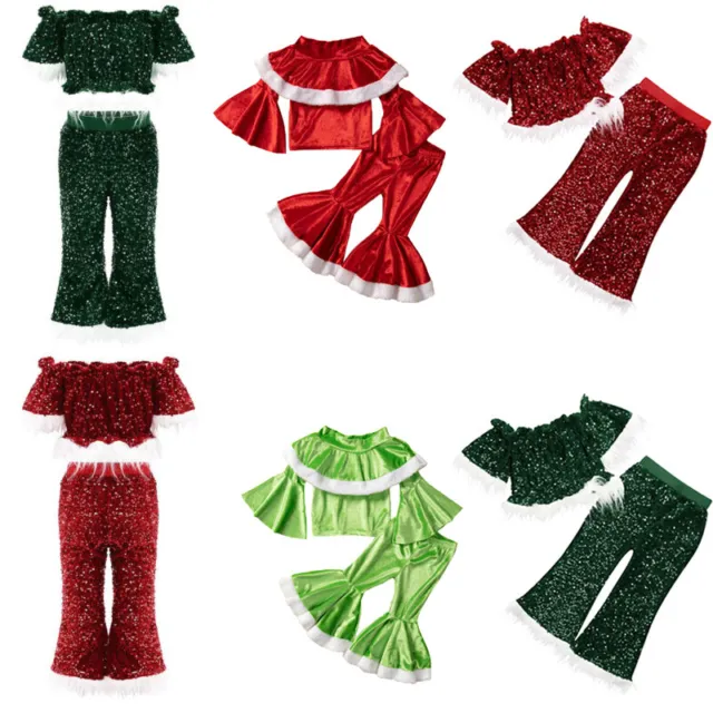 Top pullover arricciacapelli Natale 2 pezzi outfit per bambine + pantaloni svasati costume