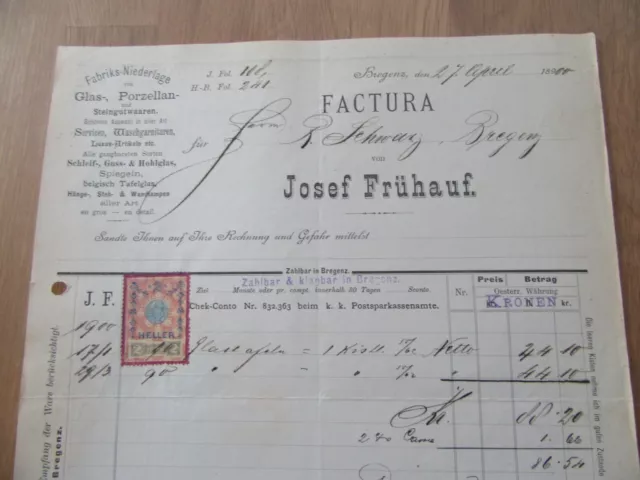 4 x alte Rechnung Josef Frühauf Fabriks-Niederlage Glas Porzellan Bregenz  1900 3