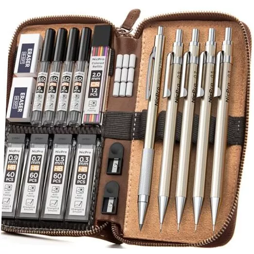 20PCS Metal Mechanical Pencil Set in Leather Case, 0.3 & 0.5 & 0.7 & Champagne
