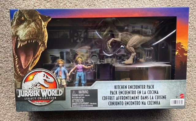 Set Jurassic World Encuentro En La Cocina Con Figuras De Tim, Lex Y Velociraptor - Para Niños +4 Años