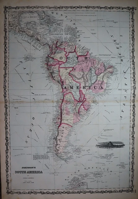 1863 Johnson's Atlas Map ~ SOUTH AMERICA, CENTRAL AMERICA (18x28) ~Free S&H #764