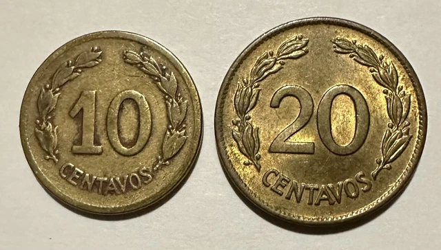 Ecuador 1942 Set of 2 Coins 10, 20 Centavos WWII Brass Composition Lot#E16