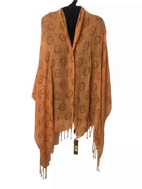 Women Plus Size Scarf Shawl Sheer Orange Brown Smiley Face 68"Lg 25"W NWT B29