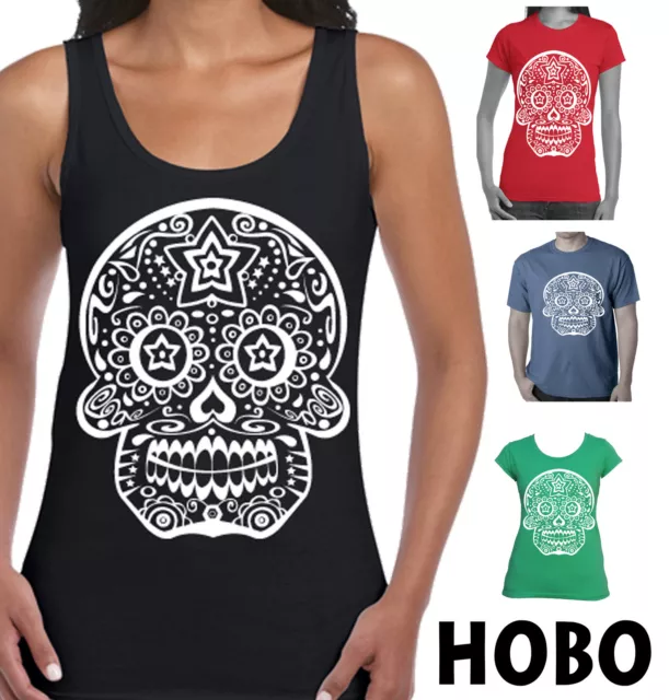 MEXICAN SUGAR SKULL Women's Men's Ladies T-Shirt Designs Singlets size charts