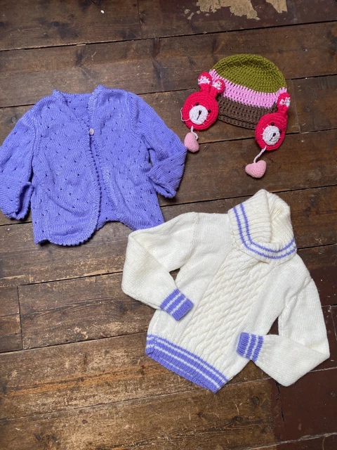 Girls hand knitted bundle age 4-5 5-6 years jumper cardigan hat