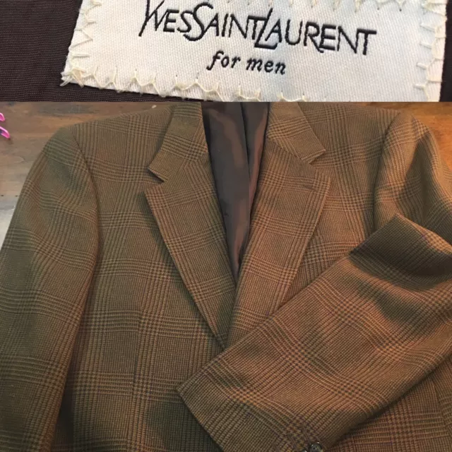 YSL Yves Saint Laurent 42 R Mens 2 Button Wool Sport Coat Blazer Vtg Plaid Brown