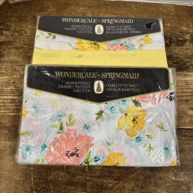 New VTG Springmaid Wondercale Double Sheet Set Yellow Silk flowers Percale