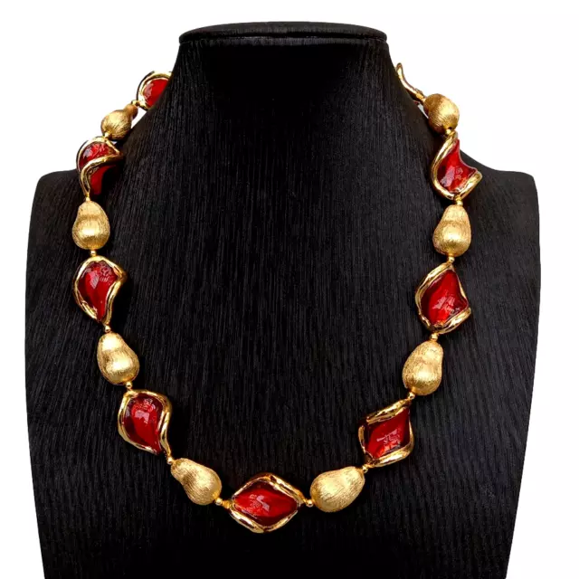 Red Murano Glass Gold Plated Brushed Bead Necklace Women Collar Choker Necklaces