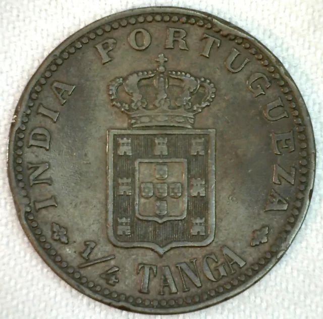 1901 India Portuguese 1/4 Tanga Bronze Coin VF Very Fine Circulated Head Carlos