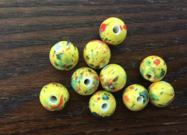 Vintage Japan Yellow Mix Fiesta Splash Splatter Round Glazed Ceramic Bead Lot