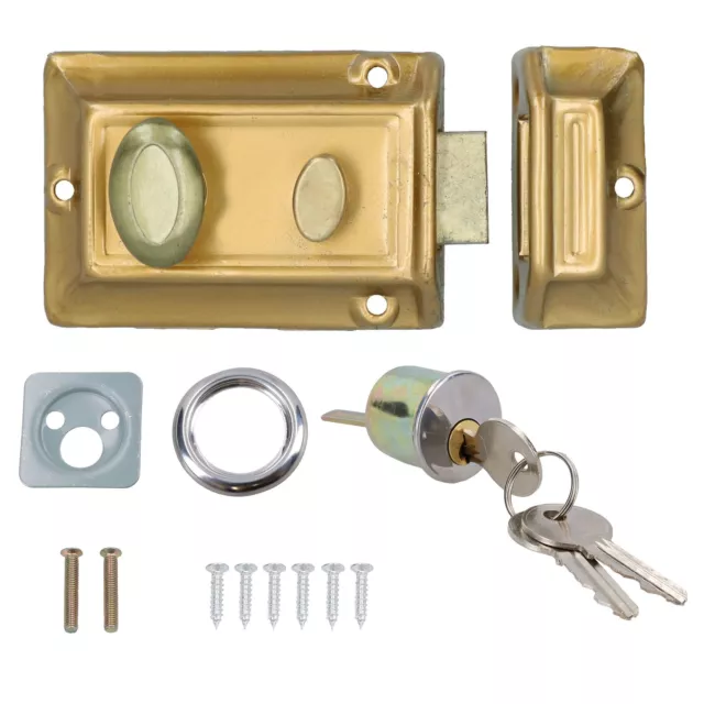 Brass Finish Front Door Lock Night Latch Rim Yale Type Cylinder Security Latch
