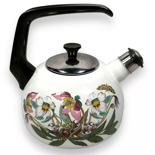 Portmeirion Botanic Garden Whistling Tea Kettle Floral Enamel White Black Handle