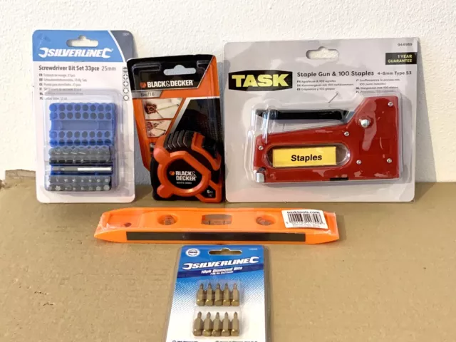 Mixed Hand tools set tape measure staple gun pocket level Screwdriver Bits DIY