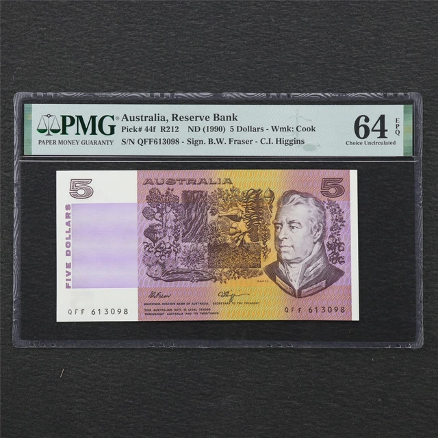 1990 Australia Reserve Bank 5 Dollars Pick#44f PMG 64 EPQ Choice UNC 1990 Australia Reserve Bank 5 Dollars Pick#44f PMG 64 EPQ Choice UNC