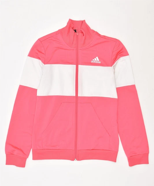 ADIDAS Girls Tracksuit Top Jacket 11-12 Years Pink Colourblock Polyester U104