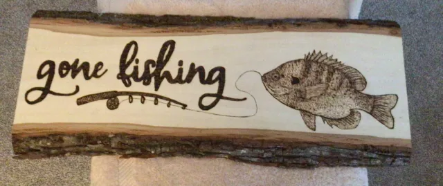 Basswood Gone Fishing  wood burn art pyrography 9x23” solid live edge