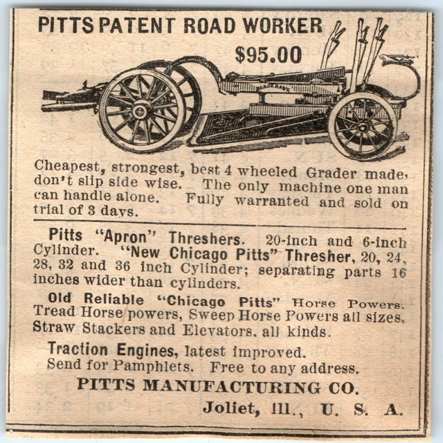 1890 Joliet, IL Pitts Mfg Patent Road Grader Worker Print Ad Engraved ILL C38