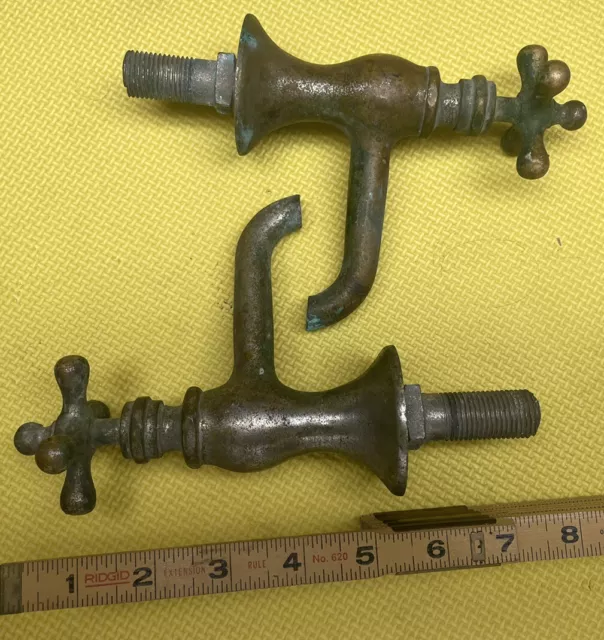 MATCHING PAIR OF VINTAGE HEAVY BRASS FAUCET SPIGOTS 5.5” Cross Handle Sink Watwr