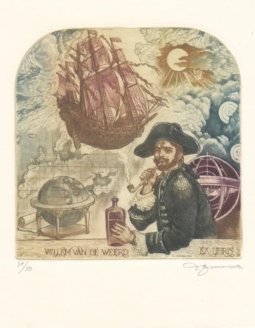 Exlibris Bookplate Radierung David Bekker Tabak Pfeife Segelschiff Globus