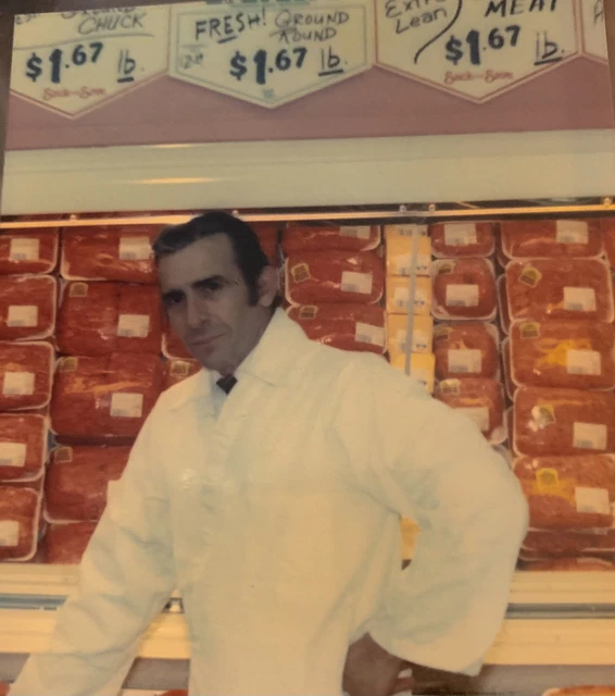 Vintage Trimmed grocery store picture Man Meat Department 1980s
