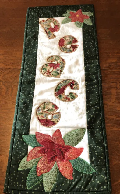 Handmade Quilted Wall Hanging Christmas Peace Poinsettia Bird Beaded Rod Pocket