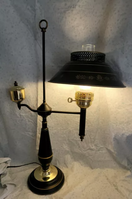 Vintage Black Electric Toleware Student Lamp Piano Organ Banker Bouillotte Oil