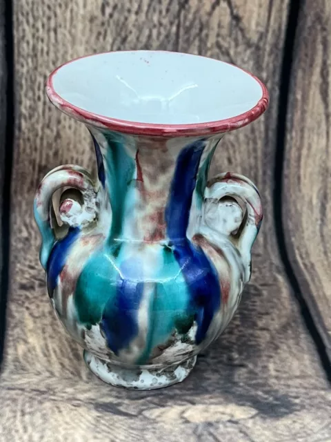 Small Mid Century Italian Pottery Handled Vase. Multicoloured Drip Glaze. 10 cm