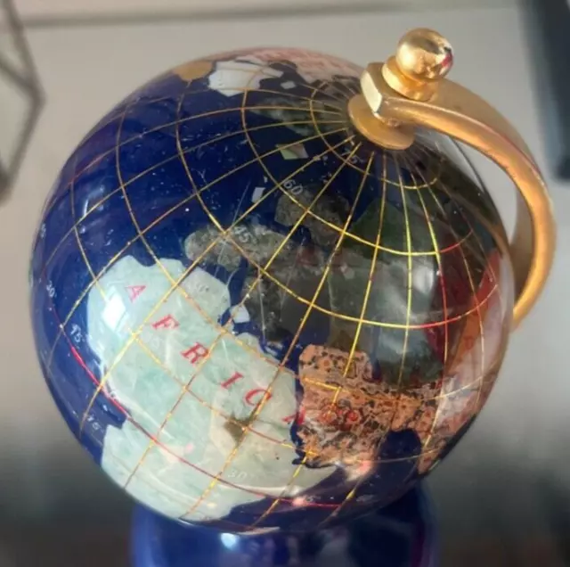 Mappamondo globo LAPISLAZZULI PIETRE DURE INCASTONATE blu cobalto h 14 VINTAGE