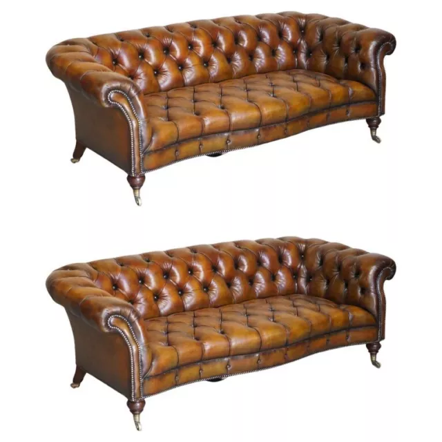 Fine Important Restored Pair of Antique Howard & Sons Leather Chesterfield Sofas