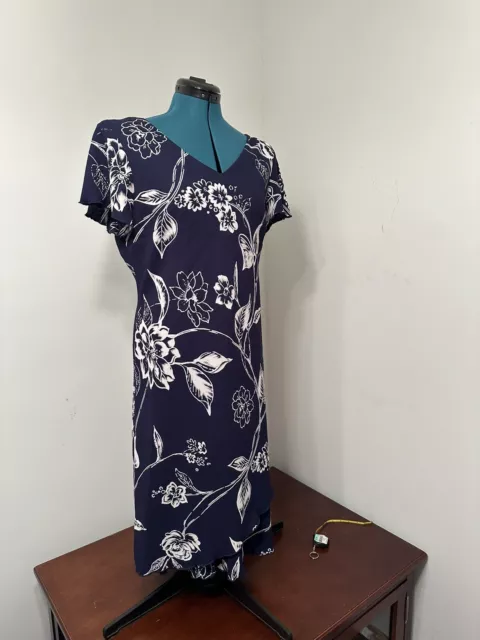 SL Fashions Women’s Navy Blue Floral Layered Lined Cap Sleeve Shift Dress Size 8 2