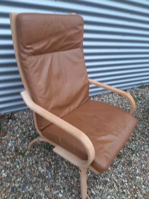 Vintage retro Danish chair armchair mid century brown tan leather bentwood