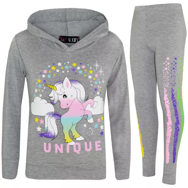 Kids Girls Dabbing Unicorn Unique Hooded Grey Top & Legging Set Floss Tracksuits