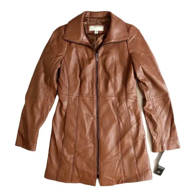 Anne Klein Cognac Brown Leather Jacket Petite XS PXS Moto